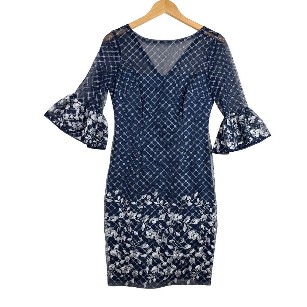 Adrianna Papell Cocktail Lace Embroidered Bell Sleeve Sheath Dress size 4 Blue